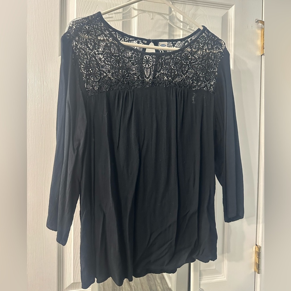 Old Navy Black 3/4 Sleeve Blouse with Lace Top size Large